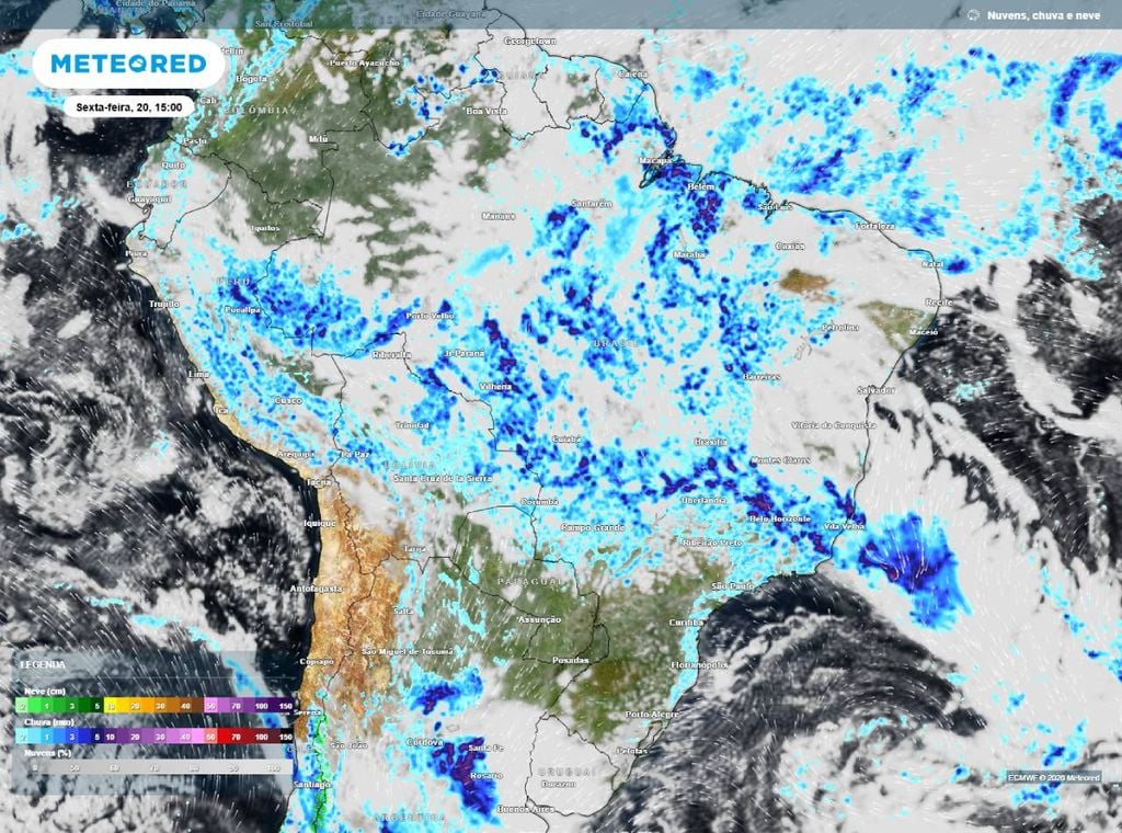 Previsão de precipitação (em mm) e nebulosidade para sexta-feira (20) à tarde (15h), segundo o modelo europeu ECMWF.