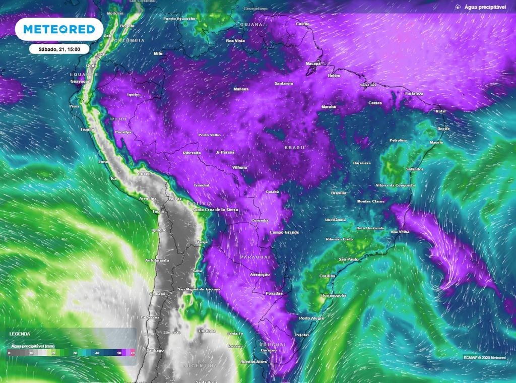 Previsão de água precipitável (em mm) para o sábado (21) à tarde (15h), segundo o modelo europeu ECMWF, mostrando as áreas com maior quantidade de vapor d'água na coluna atmosférica disponível para se transformar em chuva (tons roxos).
