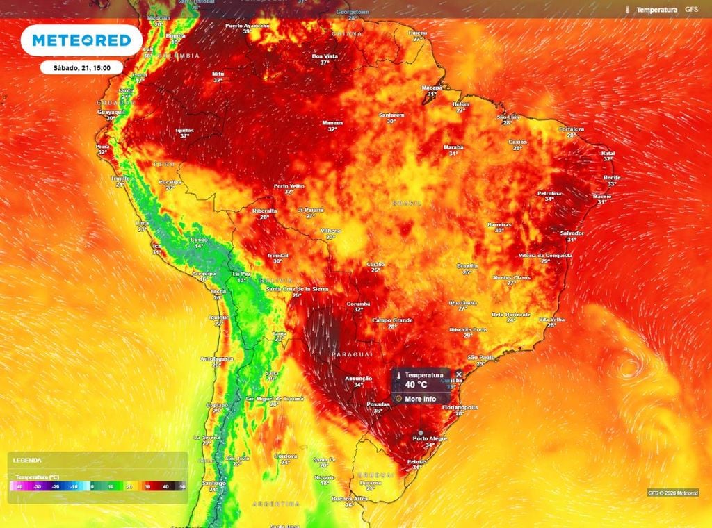 Previsão da temperatura do ar (em °C) para o sábado (21) à tarde (15h).
