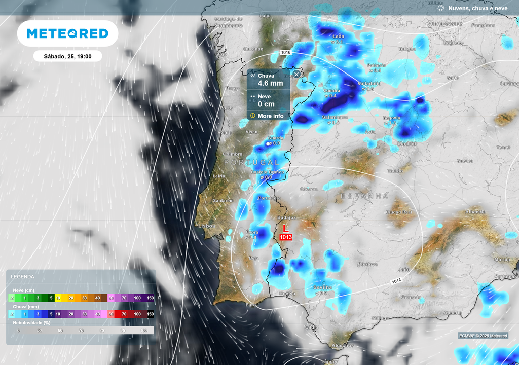 Chuva mais organizada e de intensidade moderada afeta sobretudo o interior, associada a um centro de baixas pressões sobre a Península Ibérica.