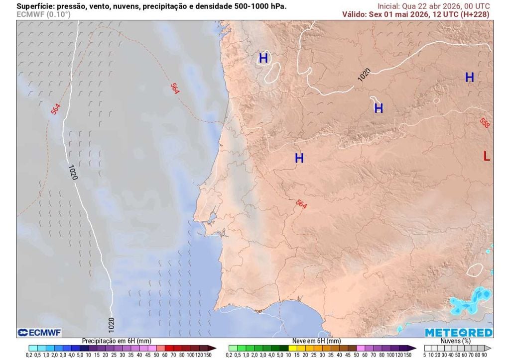 Primeiros mapas sugerem ausência de precipitação significativa em Portugal, indicando tendência para tempo mais estável no feriado.