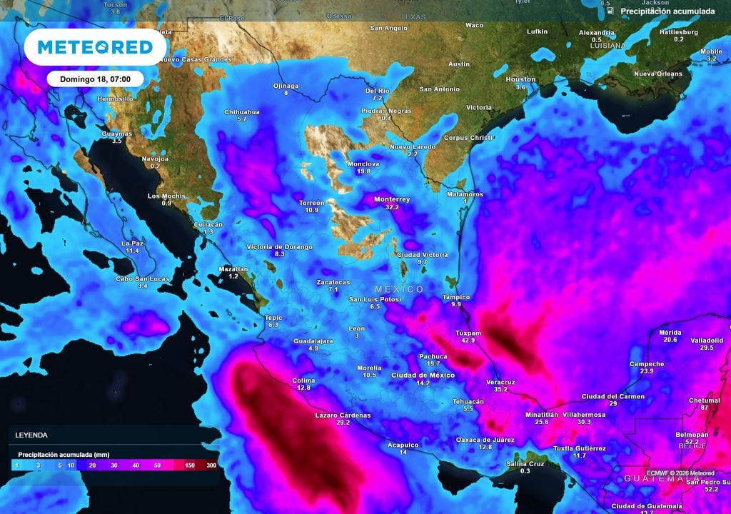 Pronóstico de lluvias acumuladas en milímetros El Pacífico, Vertiente del Golfo y región sureste tendrán lluvias fuertes a localmente torrenciales por frente frío y huracán Trudy, superando 100 mm.