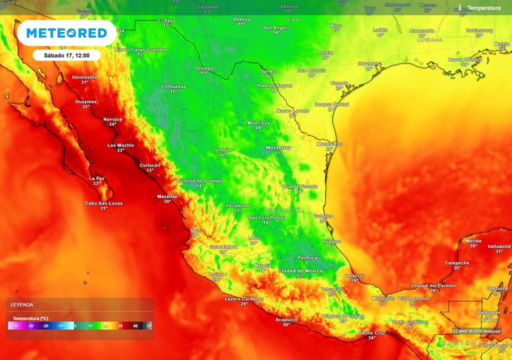 Pronóstico de temperaturas en grados Celsius El frío ha vuelto y se sentirá con intensidad en el norte y centro con 5-15 °C, rondando los 15-25 °C en el noreste, occidente y Vertiente del Golfo.