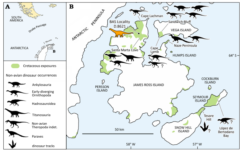 Area dello studio e tipologie di dinosauri probabilmente presenti. Paul M. Barrett et al., Acta Palaeontologica Polonica 71 (2), 2026: 349-362. doi:10.4202/app.01315.2025
