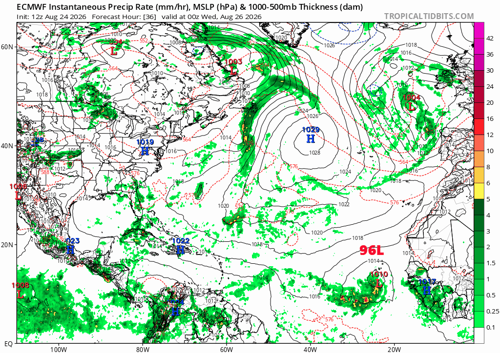 Presión en superficie y precipitaciones previstas entre el 25 de agosto y 4 de septiembre de 2026, resaltado el desarrollo del Invest 96L. Tropicaltidbits