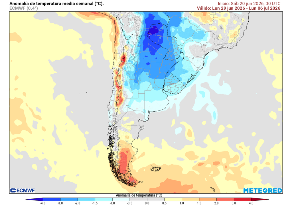 Anomalía de temperatura (°C) para la semana del 29 de junio. Sobre los valores climatológicos normales (tonos rojo), bajo los valores climatológicos normales (tonos azul) y en torno a los valores climatológicos normales (color gris).
