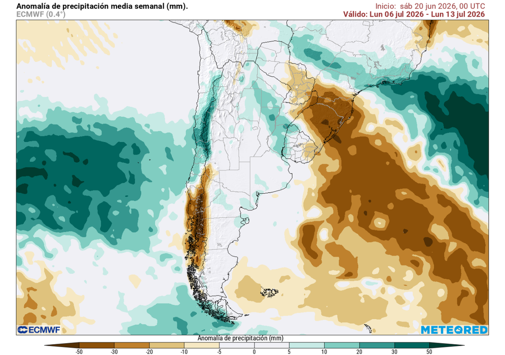 Anomalía de precipitación (mm) para la semana del 06 de julio. Sobre los valores climatológicos normales (tonos verde), bajo los valores climatológicos normales (tonos marrón) y en torno a los valores climatológicos normales (color blanco).