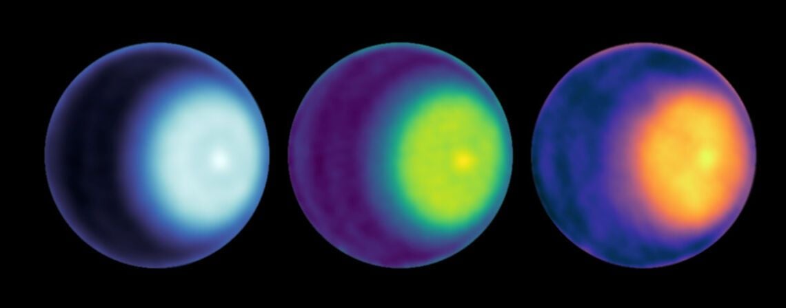 Los científicos de la NASA utilizaron observaciones de microondas para detectar el primer ciclón polar en Urano, visto aquí como un punto de color claro a la derecha del centro en cada imagen del planeta. Las imágenes usan bandas de longitud de onda K, Ka y Q, desde la izquierda. Para resaltar las características de los ciclones, se utilizó un mapa de color diferente para cada uno. Créditos: NASA/JPL-Caltech/VLA