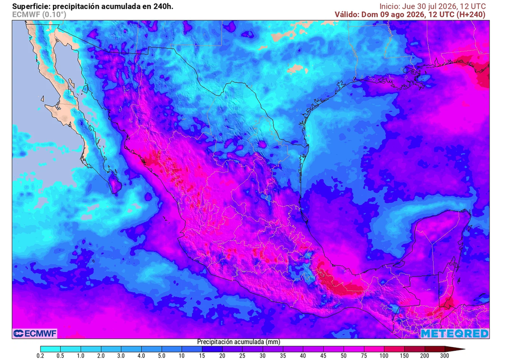 Próximos 10 días se pronostican las lluvias más abundantes en la Sierra Madre Occidental, centro, sur y parte del sureste con 70-150 mm o mayores.