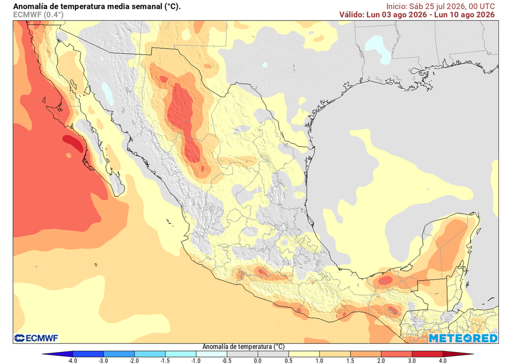 El calor persistirá este inicio de agosto, resaltando todo el norte y estados costeros con 1-3 °C superior a lo habitual, es decir, de 35-45 °C o mayores.
