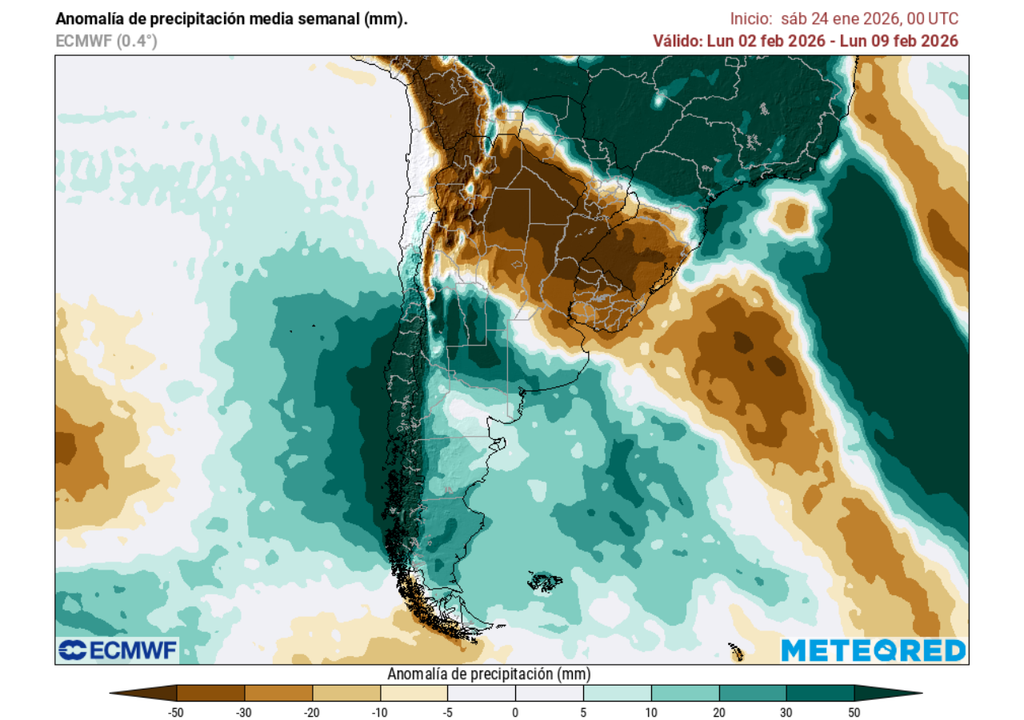 Pronóstico por Meteored para la primera quincena de febrero 2026 en Chile Anomalía semanal de precipitación (mm) del 02 al 09 de febrero 2026. Sobre los valores climatológicos normales (tonos verde), bajo los valores climatológicos normales (tonos marrón) y en torno a los valores climatológicos normales (color blanco).
