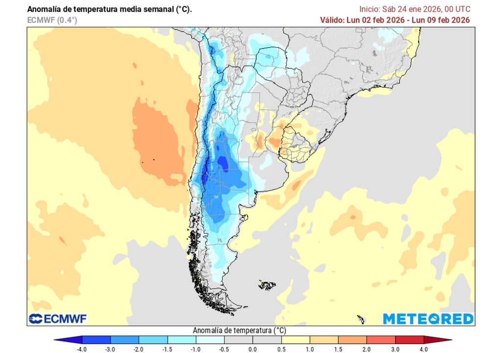 Pronóstico de Meteored para la primera quincena de febrero 2026 en Chile Anomalía semanal de temperatura (°C) del 02 al 09 de febrero 2026. Sobre los valores climatológicos normales (tonos rojos), bajo los valores climatológicos normales (tonos azules) y en torno a los valores climatológicos normales (color gris).