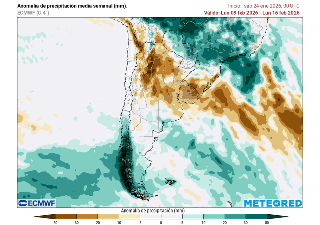 Pronóstico de Meteored para la primera quincena de febrero 2026 en Chile Anomalía semanal de precipitación (mm) del 09 al 16 de febrero 2026. Sobre los valores climatológicos normales (tonos verdes), bajo los valores climatológicos normales (tonos marrón) y en torno a los valores climatológicos normales (color blanco).