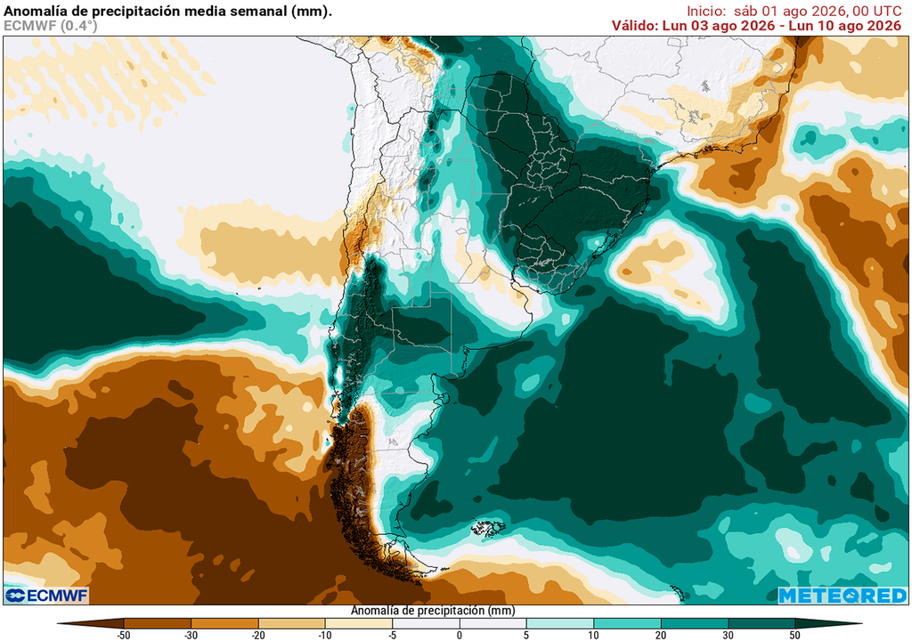 Argentina, Pronóstico, Clima, ECMWF Anomalía de precipitaciones prevista para los próximos 7 días según el modelo ECMWF