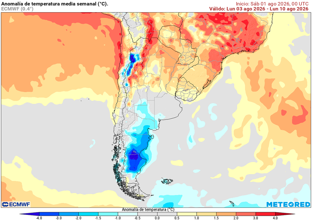 Argentina, Pronóstico, Clima, ECMWF Anomalía de temperatura prevista para los próximos 7 días según el modelo ECMWF