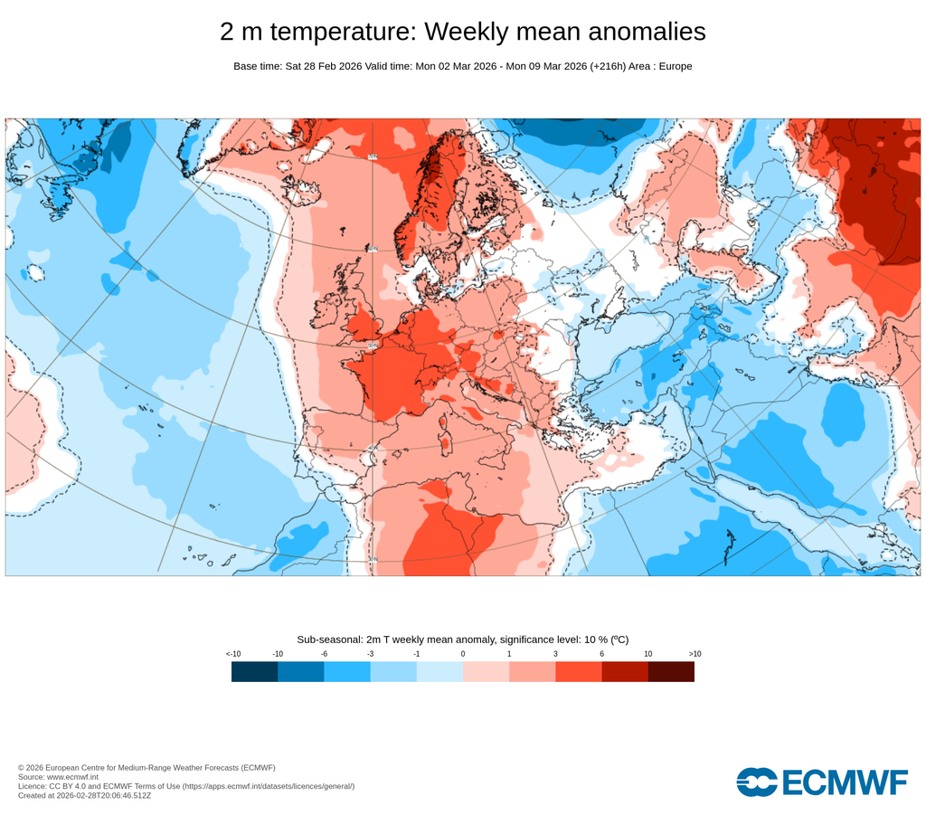 Anomalías semanales de la temperatura del 2 al 8 de marzo de 2026: cálidas/anomalías positivas en escala de rojos y negativas/frías en escala de azules. ECMWF