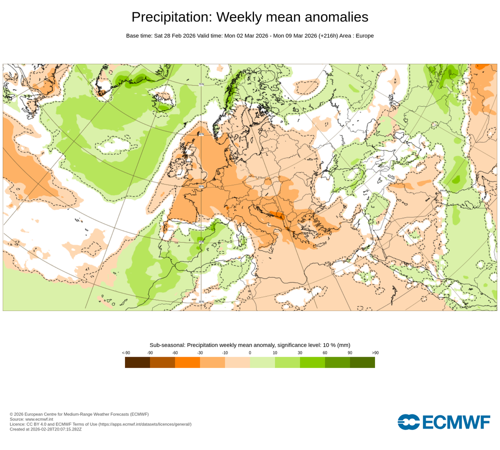 Anomalías semanales de la precipitación para la misma semana: verdes para anomalías positivas y naranjas para anomalías negativas. ECMWF