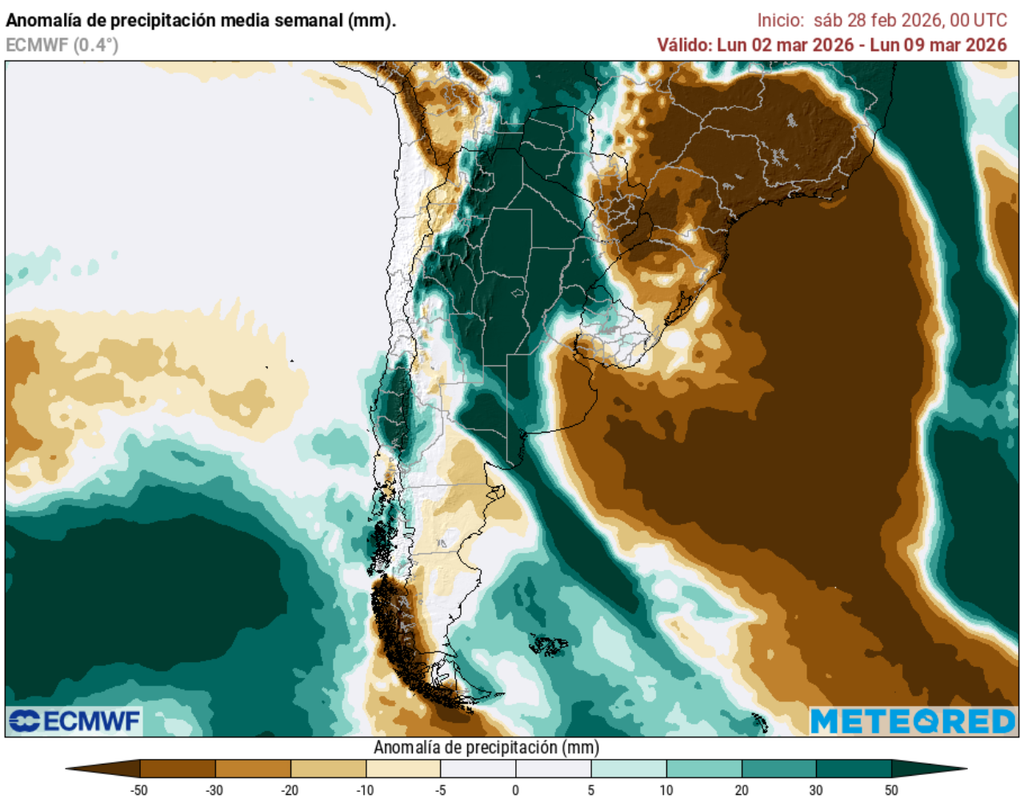 El modelo ECMWF proyecta precipitaciones sobre lo normal en gran parte del centro-sur y sur de Chile durante la primera semana de marzo, con anomalías positivas destacadas entre Maule y parte de Los Lagos y Aysén.