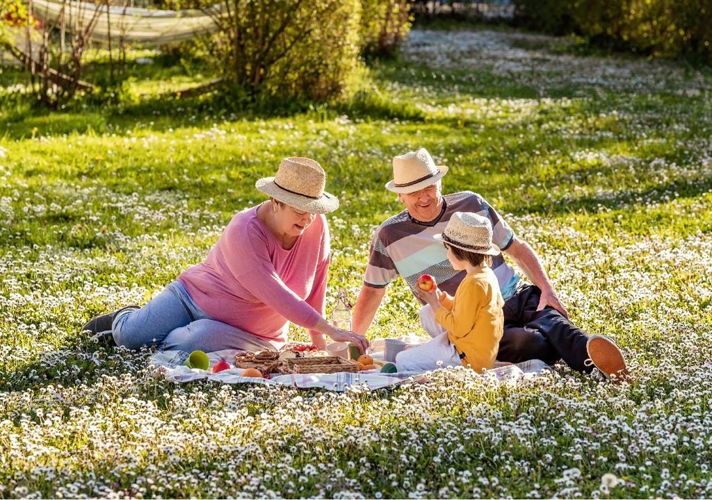 Niño disfrutando un picnic con su abuelo y abuela en el campo