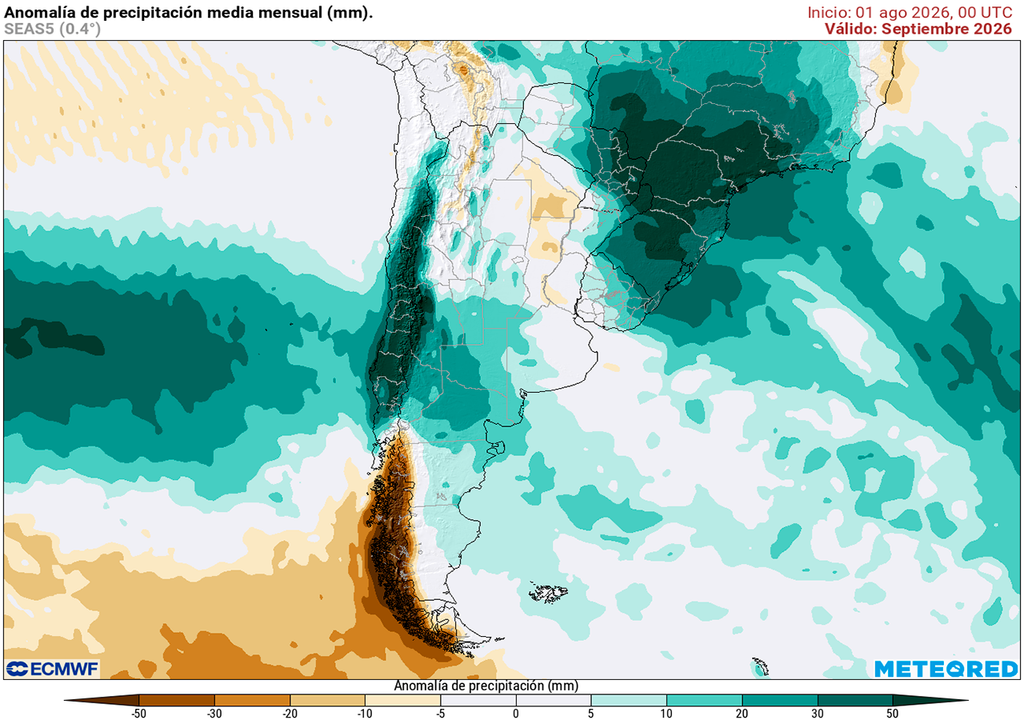 Pronóstico, Clima, Tiempo, Argentina Anomalías de precipitaciones para el mes de septiembre según nuestro modelo de confianza el ECMWF
