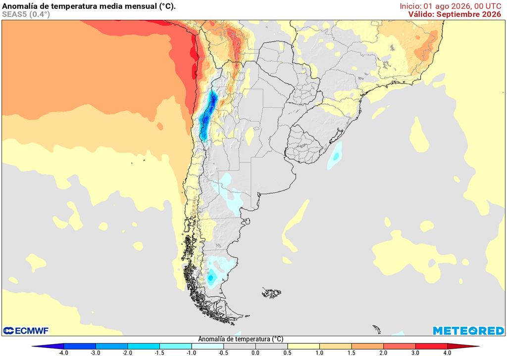 Pronóstico, Clima, Tiempo, Argentina Anomalías de temperatura para el mes de septiembre según nuestro modelo de confianza el ECMWF
