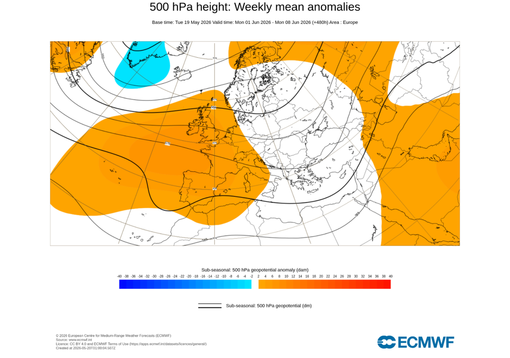 Geopotencial 500 hPa Mapa de las anomalías semanales del geopotencial 500 hPa en Europa para el comienzo de junio, según el modelo europeo.