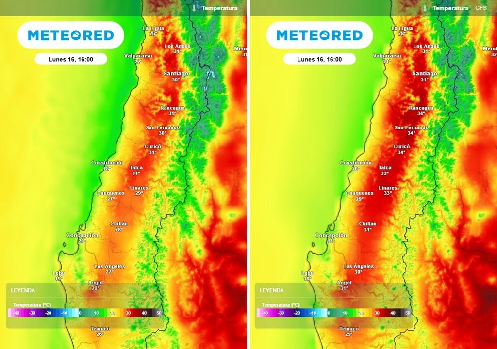 Ambos modelos anticipan temperaturas sobre lo habitual en la zona central, aunque el GFS apuesta por un calor más intenso, con valores hasta 3°C mayores que el ECMWF.