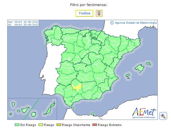 Avisos del 14 de junio por temperaturas máximas para ciertas zonas de Córdoba. Avisos del 14 de junio por temperaturas máximas para ciertas zonas de Córdoba. Fuente AEMET.