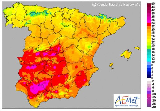 Mapas de temperaturas máximas previstas para el mismo día 14. Mapas de temperaturas máximas previstas para el mismo día 14. Fuente: AEMET