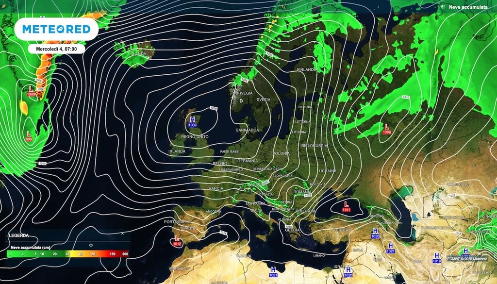 Nei primi di novembre l'aria fredda affluisce per un anticiclone sulla Scozia, vicino ma non ancora posizionato a blocco Scandinavo. La neve, si nota, riguarda solo alcune zone alpine e Appenniniche, non le basse quote e men che meno la pianura padana.