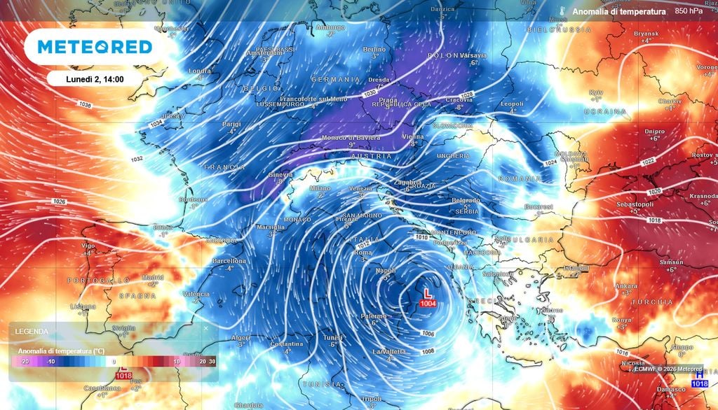 Le anomalie termiche in quota previste il 2 novembre 2026 in Europa.