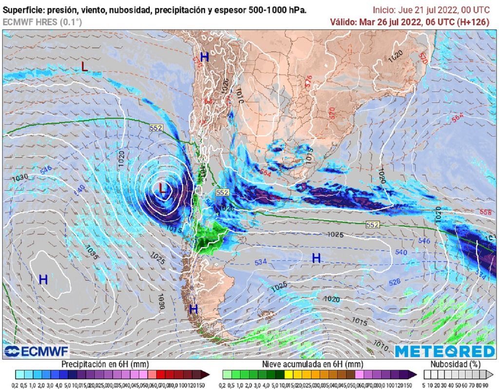 presión y precipitaciones previstas; modelo ECMWF