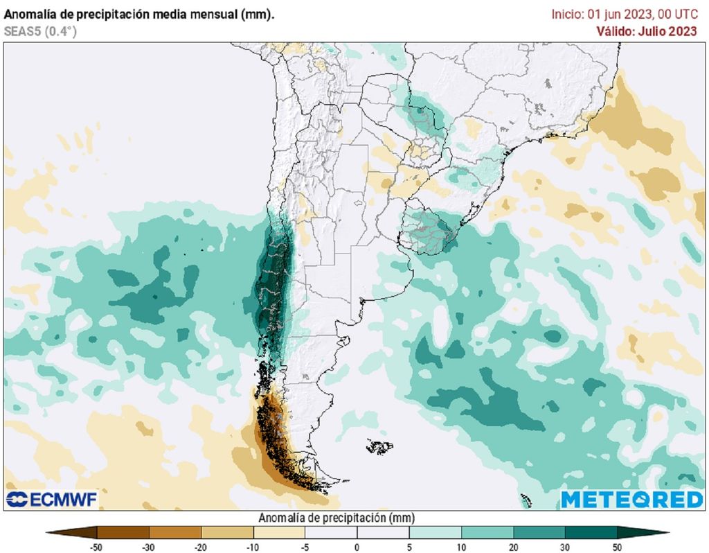 pronóstico de anomalías de precipitación para junio del 2023, que muestra valores por elevados de precipitación para Chile central y sur