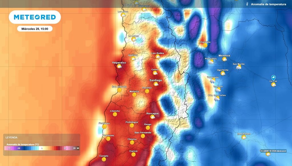 Anomalías de temperaturas Mapas de anomalías muestran un fuerte aumento de las máximas el próximo miércoles en Santiago.
