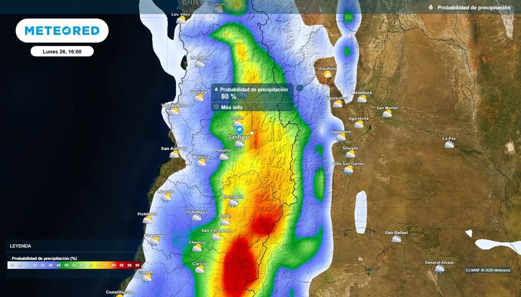 Probabilidad de lluvias en Santiago El lunes 26 algunas zonas capitalinas podrían presentar hasta un 80 % de probabilidad de ocurrencia de lluvias.