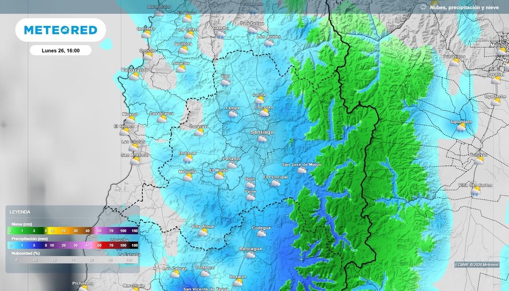 Chubascos Los chubascos se presentarían con mayor probabilidad en horas de la tarde del lunes en Santiago.
