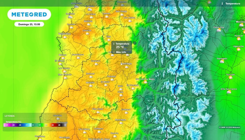 Temperaturas El domingo suben los termómetros en Santiago y la RM: 25 °C en el centro de la ciudad y hasta 26 °C en localidades rurales del norte y poniente de la región.