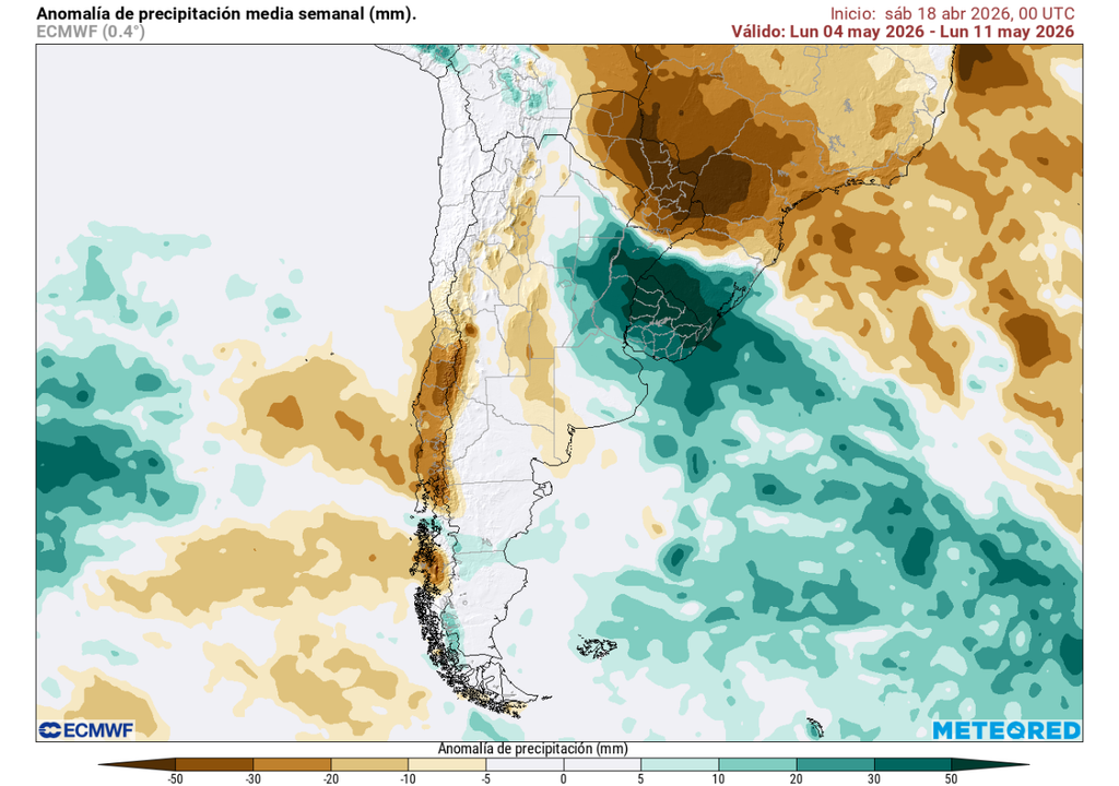 Anomalía de precipitación (mm) para la semana del 04 de mayo 2026. Sobre los valores climatológicos normales (tonos verde), bajo los valores climatológicos normales (tonos marrón) y en torno a los valores climatológicos normales (color blanco).