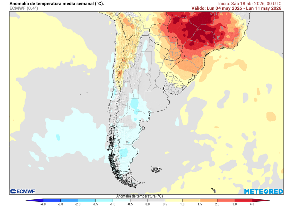 Anomalía de temperatura (°C) para la semana del 04 de mayo 2026. Sobre los valores climatológicos normales (tonos rojo), bajo los valores climatológicos normales (tonos azul) y en torno a los valores climatológicos normales (color gris).