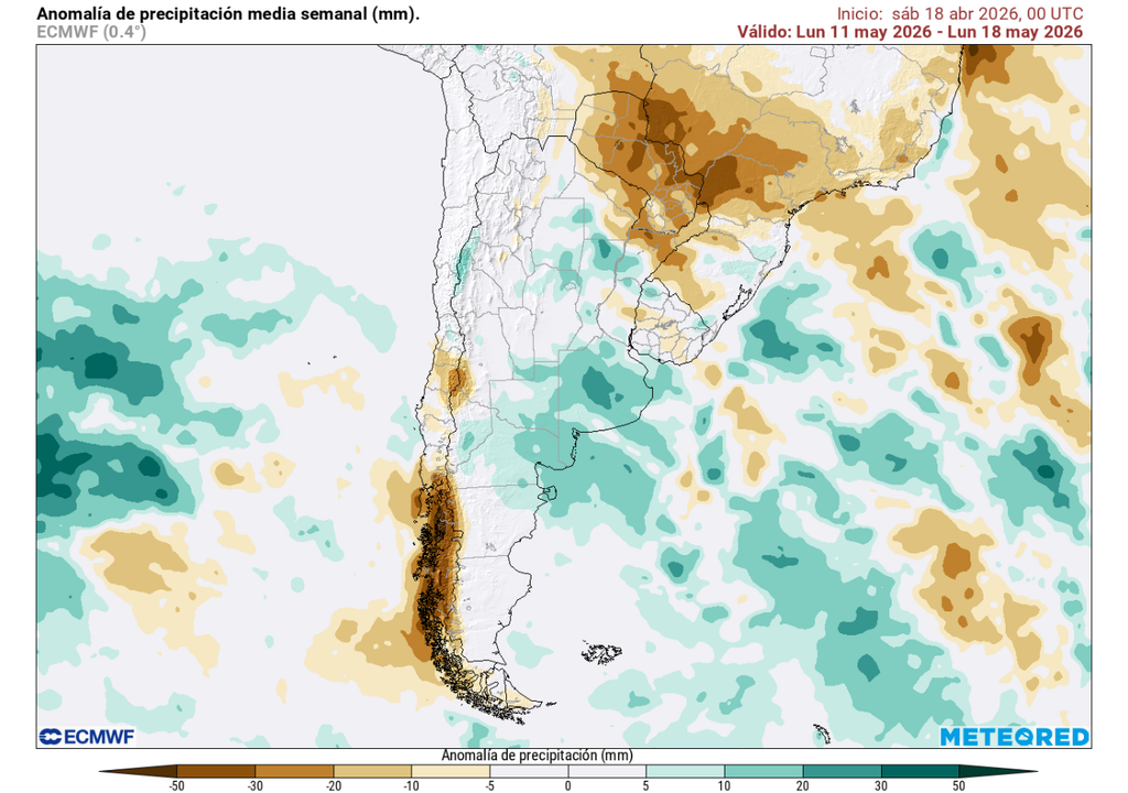 Anomalía de precipitación (mm) para la semana del 11 de mayo 2026. Sobre los valores climatológicos normales (tonos verde), bajo los valores climatológicos normales (tonos marrón) y en torno a los valores climatológicos normales (color blanco).