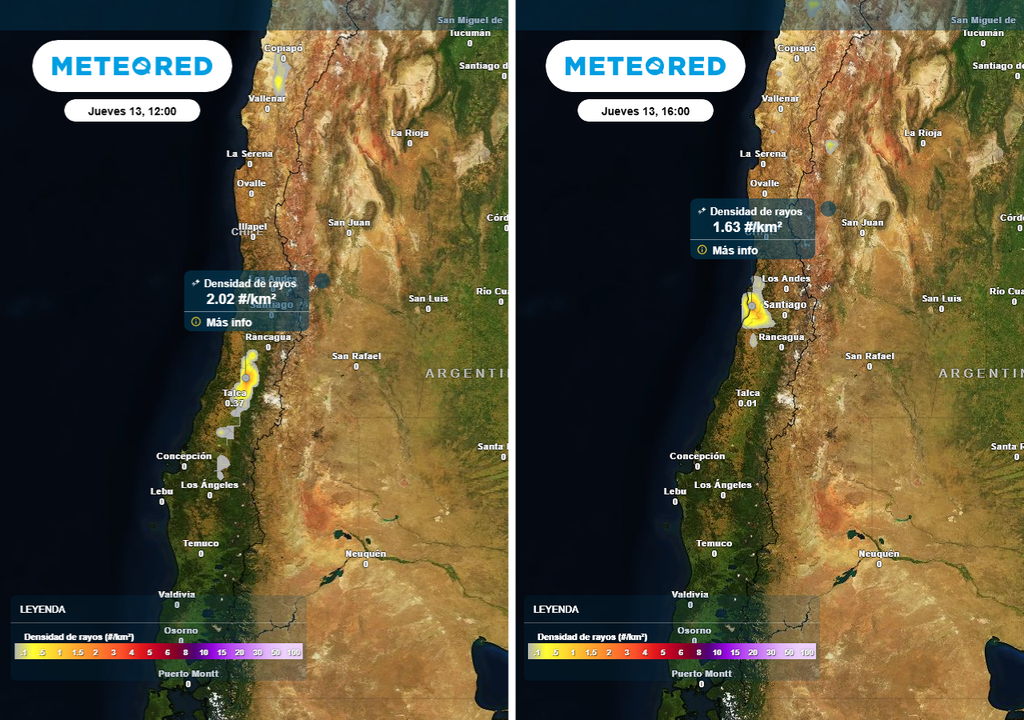 Meteored pronostica tormentas eléctricas para 10 regiones de Chile Densidad de rayos (#/km2) para el mediodía (imagen izquierda) y la tarde (imagen derecha) del jueves 13 de agosto 2026.