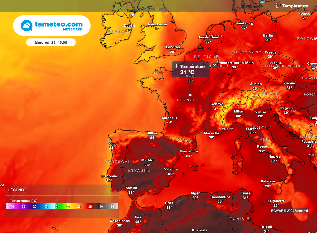 Fortes chaleurs remontant jusqu'au nord en milieu de semaine.