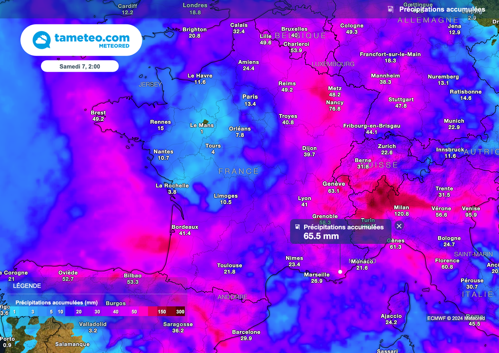Des cumuls de pluie parfois importants au cours des prochains jours entre le sud-ouest, le nord-est et les régions méditerranéennes.