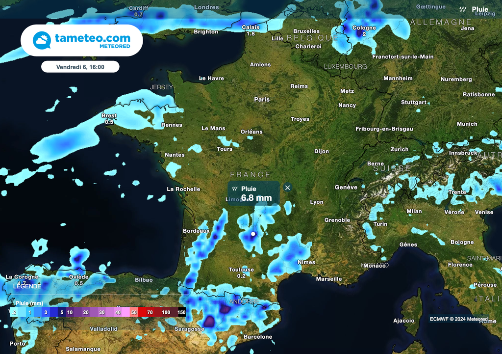 Des pluies orageuses parfois soutenues sont attendues cet après-midi dans le sud-ouest de la France.