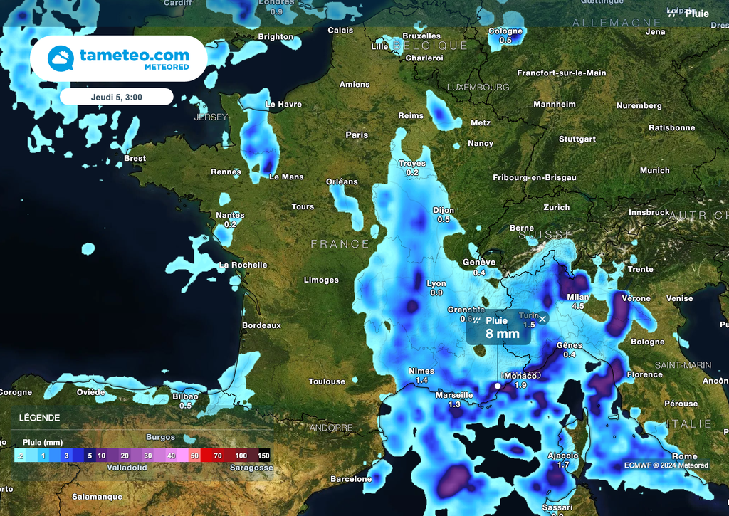 De fortes pluies orageuses attendues dans le sud-est de la France dans la nuit de mercredi à jeudi.