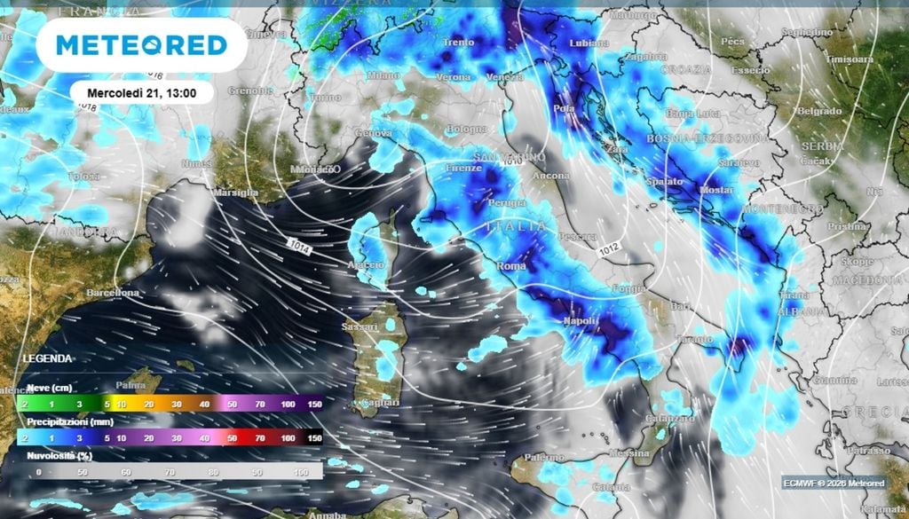 La previsione per le ore centrali di Mercoledì, vede ancora l'interessamento del maltempo di una buona parte del territorio italiano. ECMWF-MeteoRed