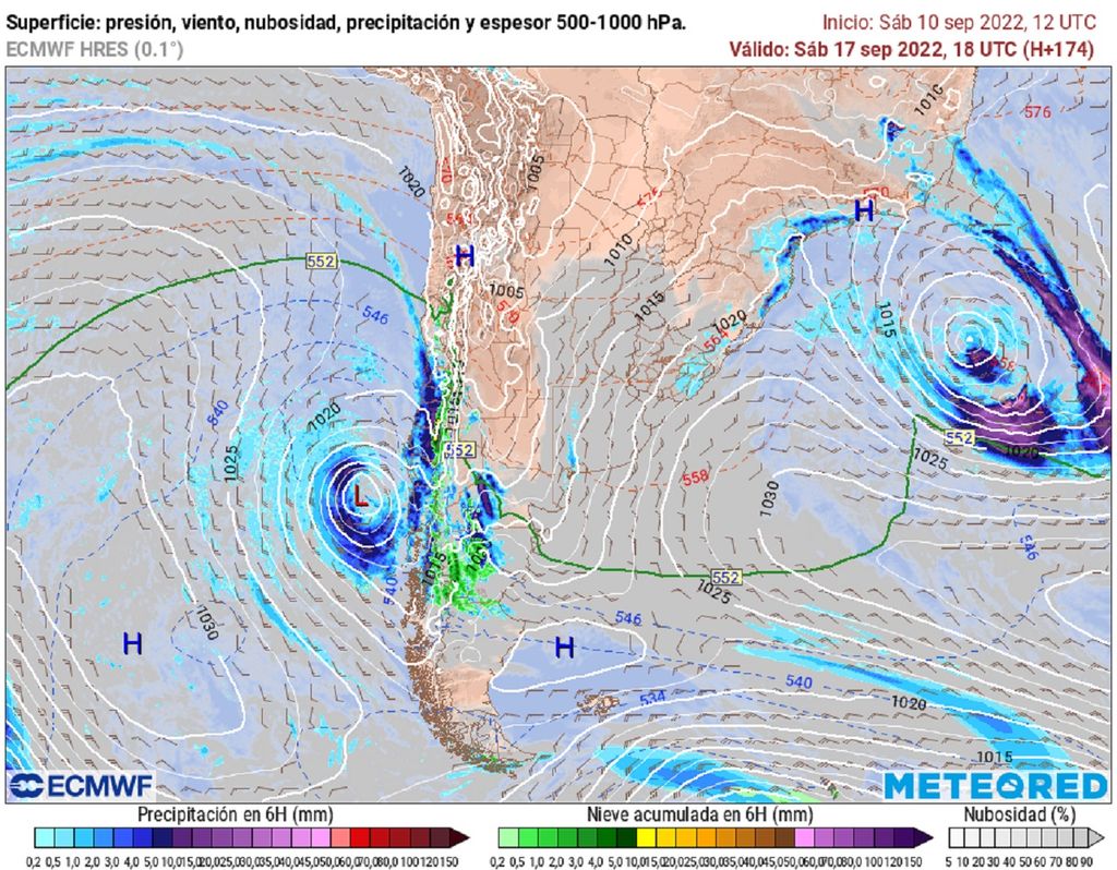 Precipitaciones y presión previstas; modelo WCMWF