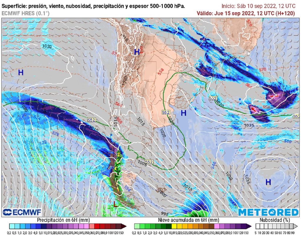 Precipitaciones y presión previstas; modelo ECMWF