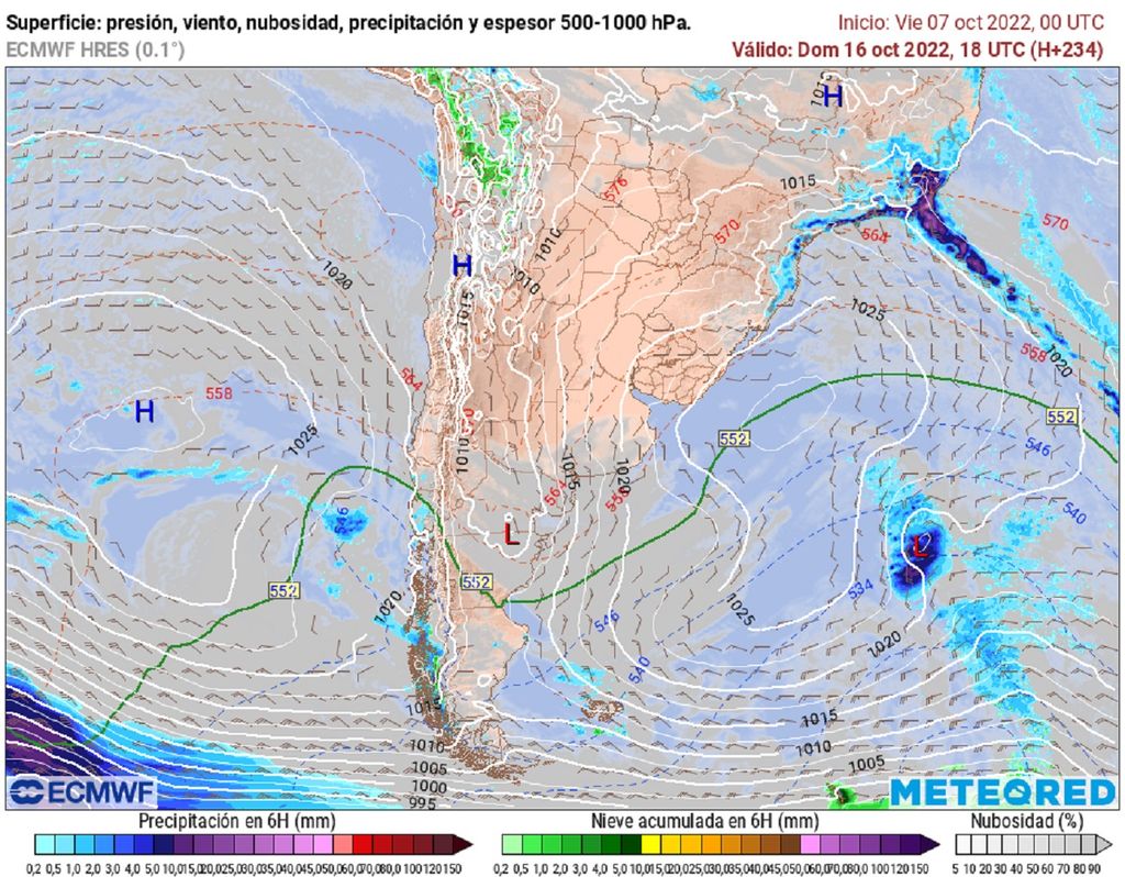 Presión y precipitación prevista; modelo ECMWF