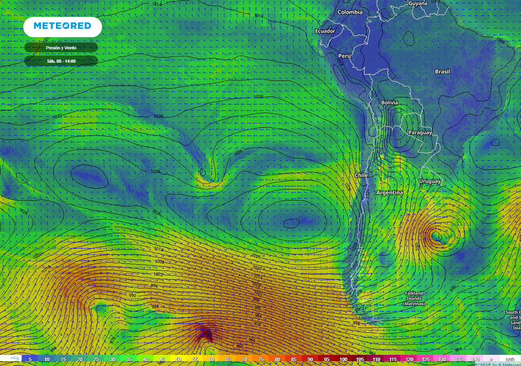 Presión y viento previstos; modelo ECMWF